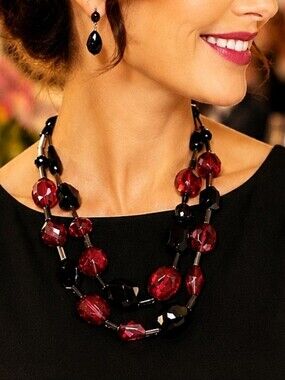 Red AB Black Oval Teardrop Glass Dual Strand Necklace WHBM Silver Tone NWOT